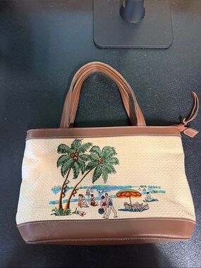 Etienne Aigner Cream Tote with Brown Trim and Beach Embroidery